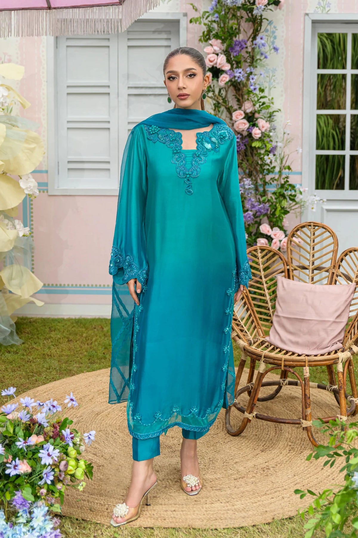Aquafrost front view - sheesha silk set by Flairs Studio | Sheesha Silk