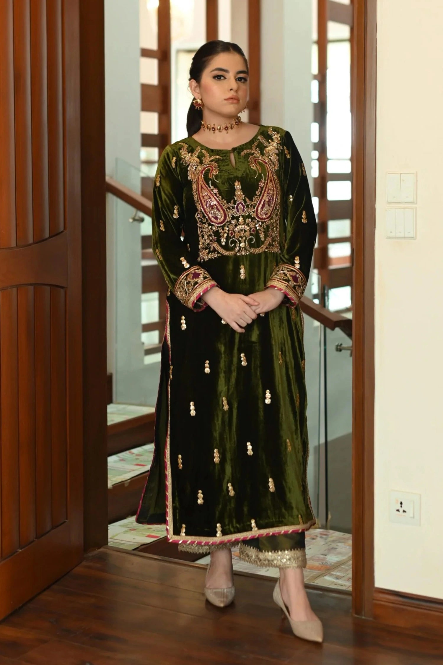 Olive Green Velvet Dress Premium Boutique Quality